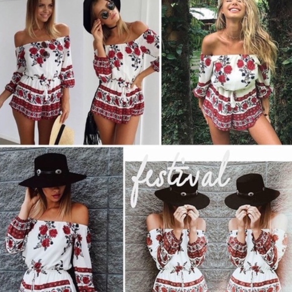 Floral Off the Shoulder Long Sleeve Romper - Picture 2 of 6